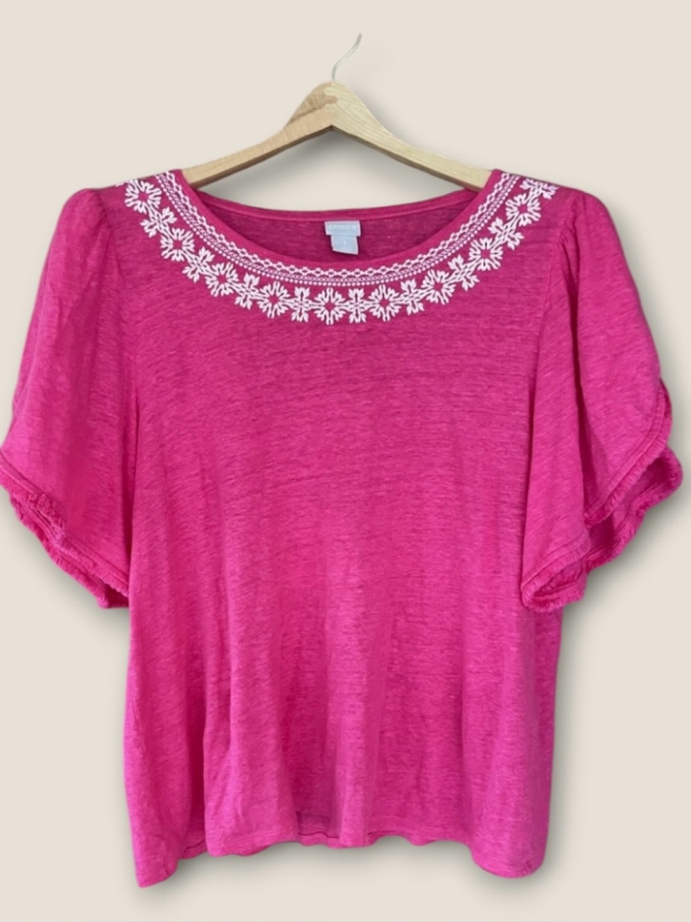 Chico’s fuchsia emboldened linen flutter sleeved blouse large 2